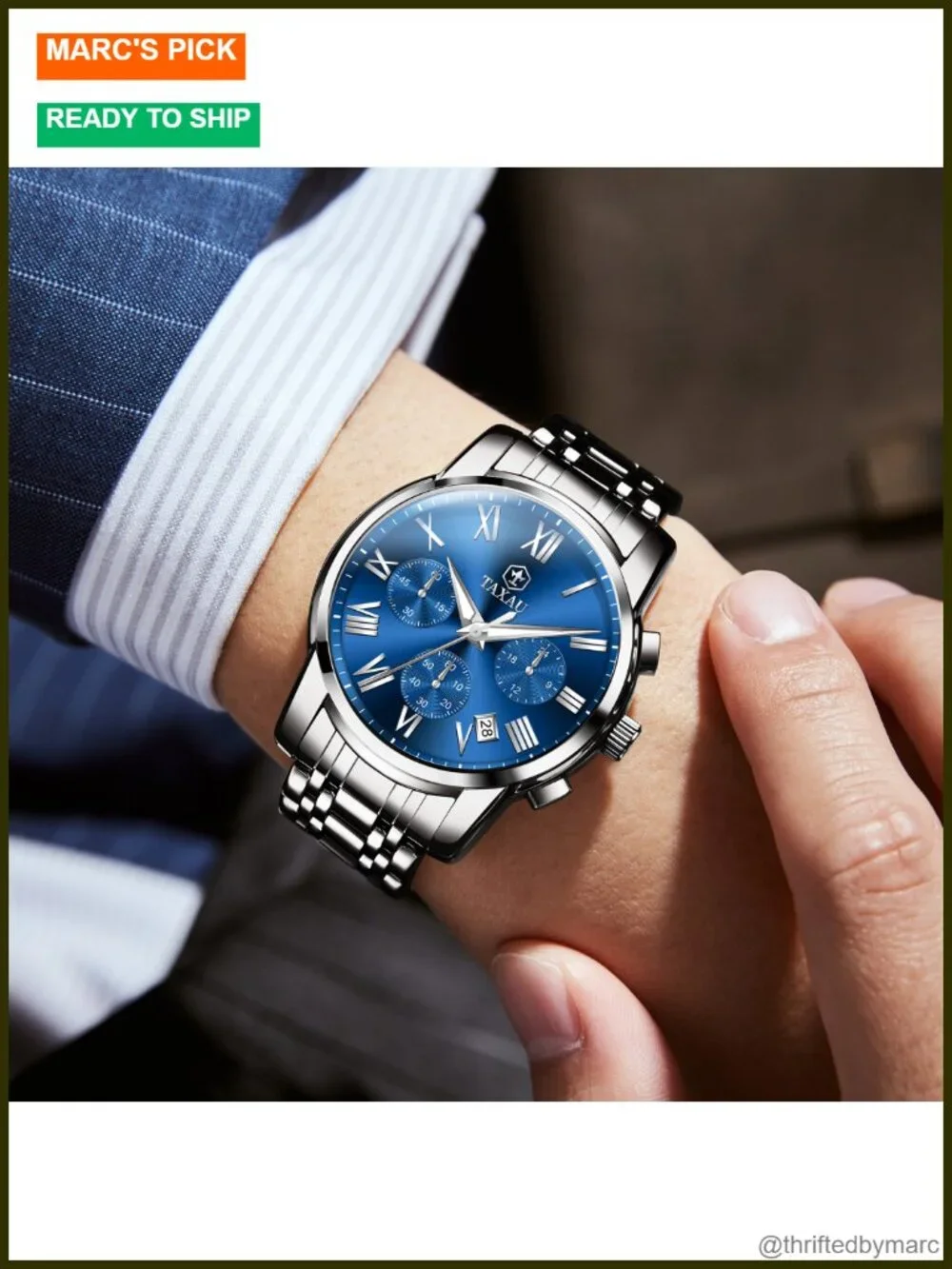 Stainless Steel Mens Watch Day Date Quartz Analog Large Face Luminous Dress
